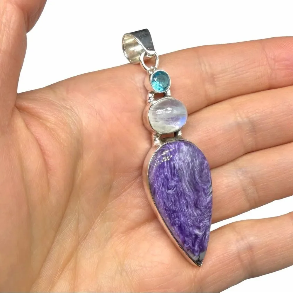 Charoite Rainbow Moonstone Blue Topaz Necklace Pendant Solid 925 Sterling Silver
